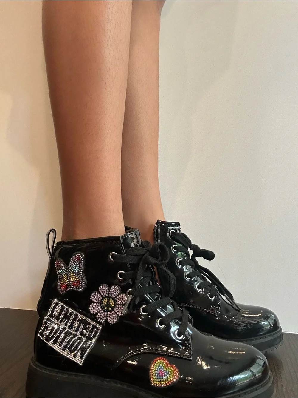 Limited Edition Steve Madden Kids Black Patent rainbow Embellished add-ons Boots